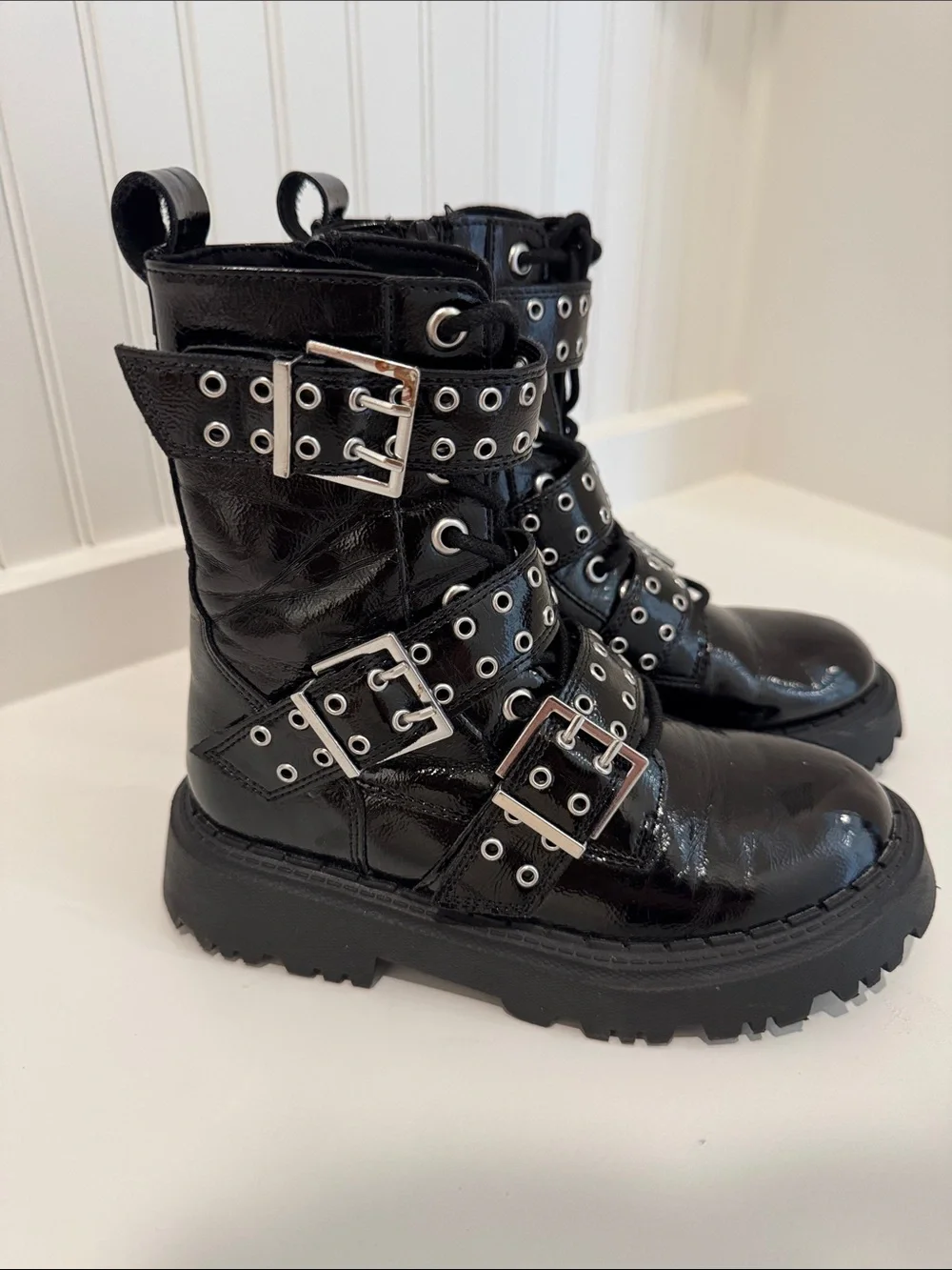 Zara Chunky Combat Boots Patten Leather Lug Sole Double Buckle Girls 31eu 13us